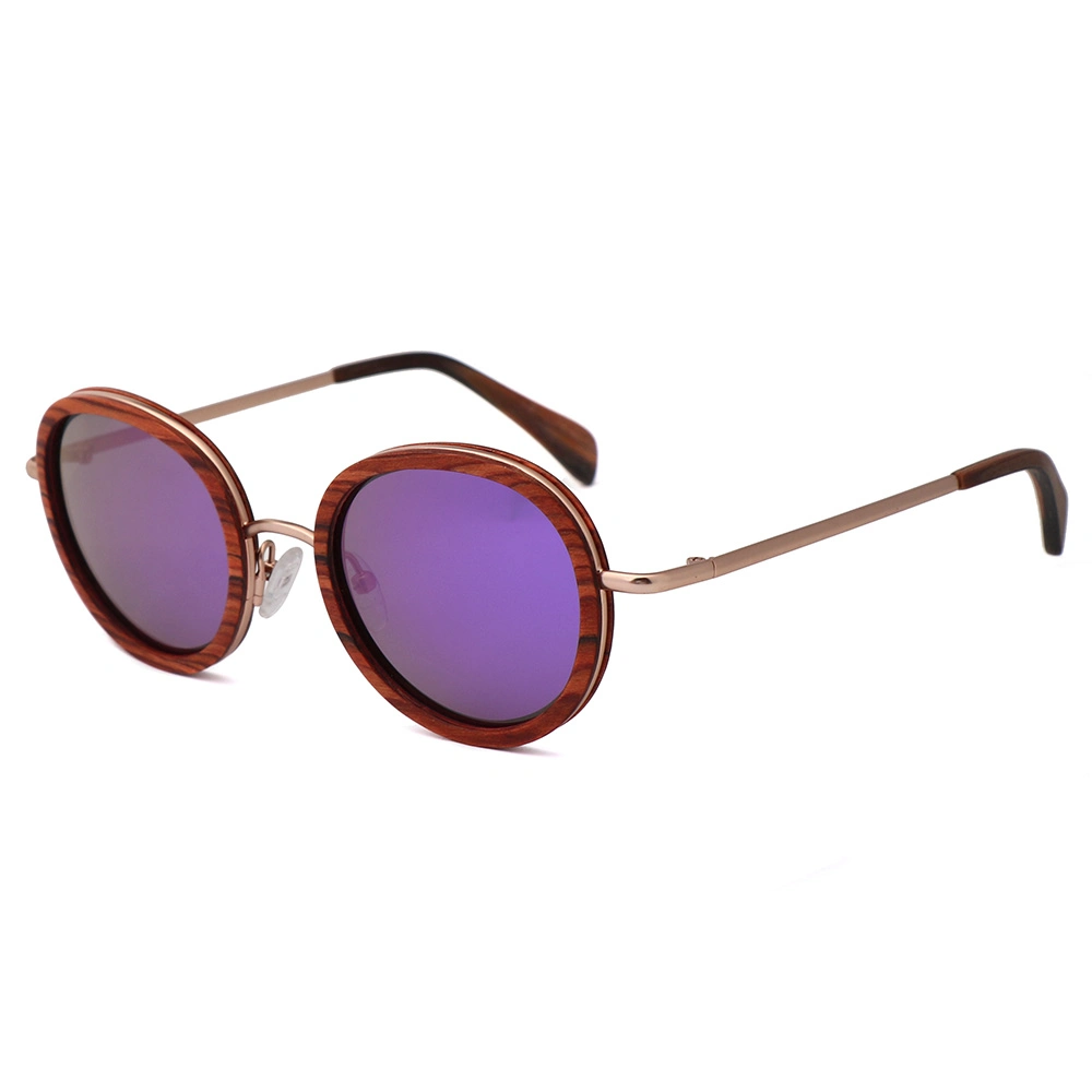 Metal and Wooden Combination Oval Frame Tac with Mirror UV400 Sunglasses